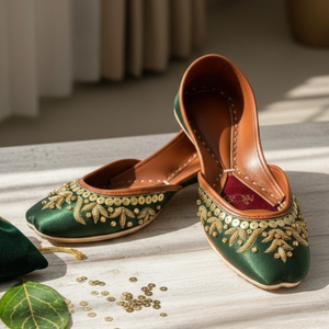 Emerald green Punjabi jutti for women with gold sequin handwork