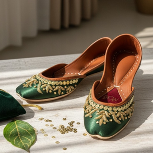 Close-up of emerald green jutti with sequin and bead embellishment