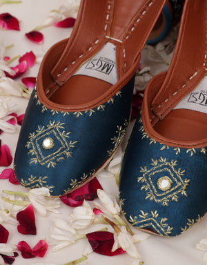 Teal blue Punjabi jutti for women with gold embroidery