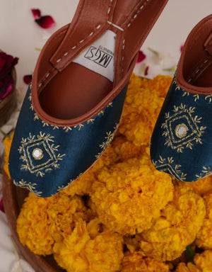 Traditional teal blue khussa flats for festive wear