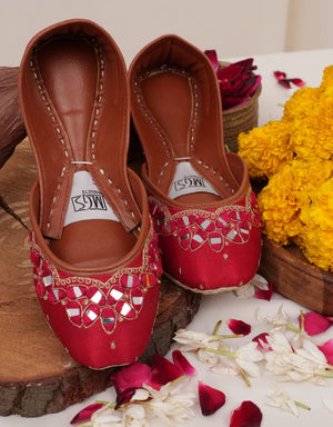 Red mirror work Punjabi jutti for women with gold embroidery