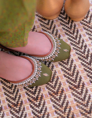 Emerald olive khussa flats with rhinestone embellishments