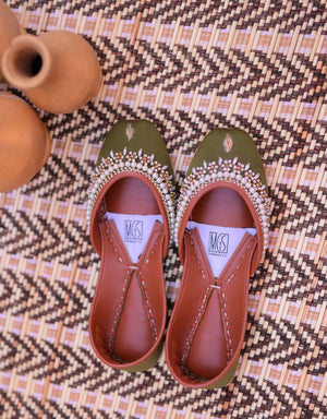 Olive green Punjabi jutti for women with pearl beadwork