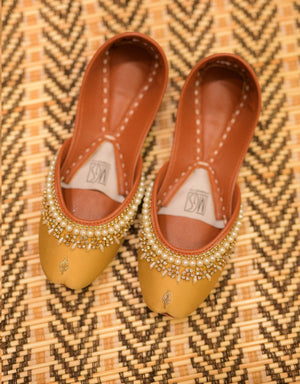 Golden mustard khussa flats with rhinestone embellishments