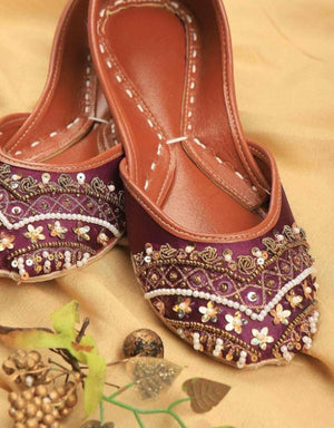 Traditional maroon khussa flats with gold work embroidery