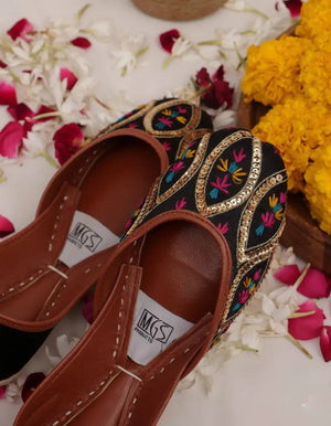 Black gold paisley khussa flats with colorful thread accents