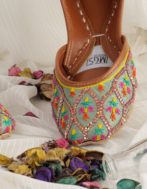 Pista green embroidered khussa flats with diamond lattice detailing