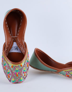 Comfortable mint green khussa for wedding, mehndi and Eid wear