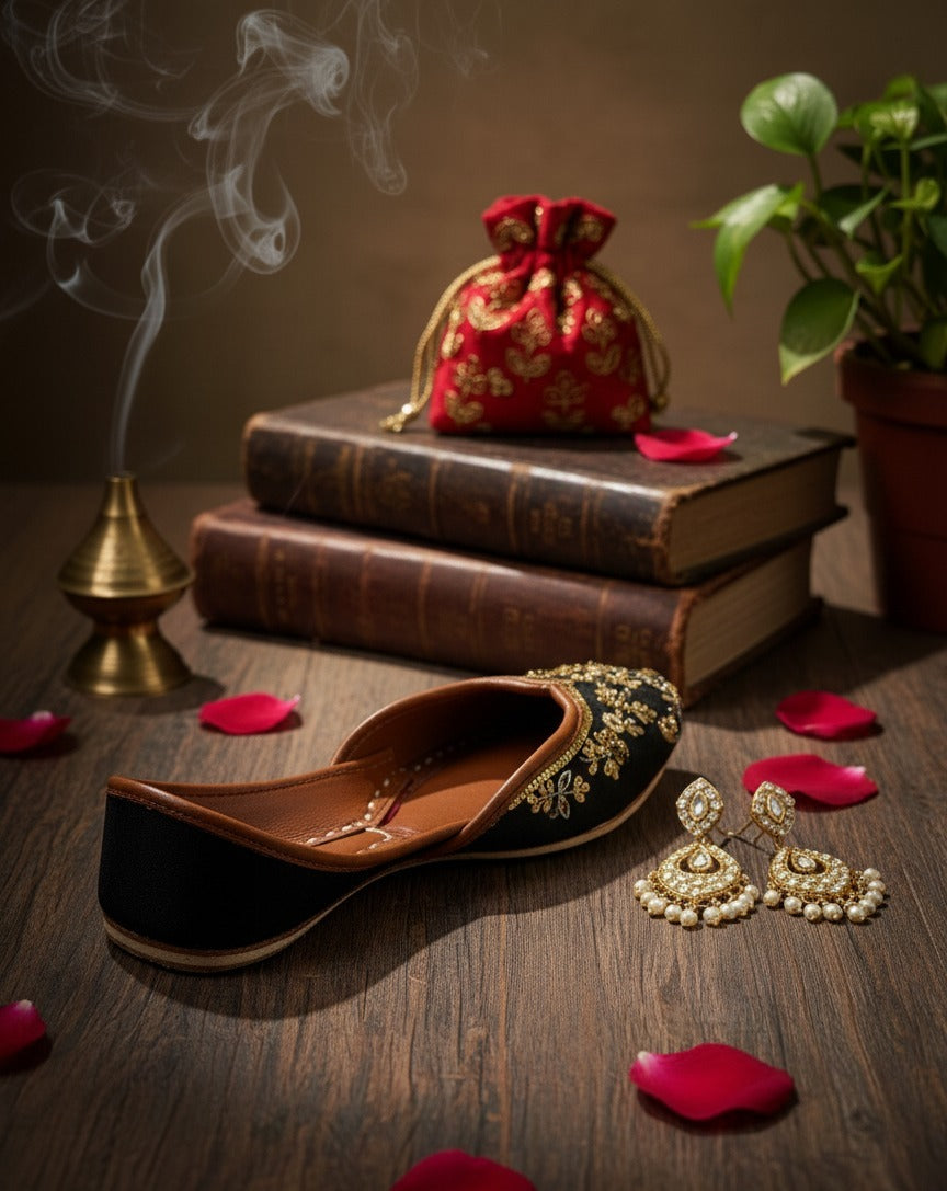 Black Punjabi jutti with leather inner and sole