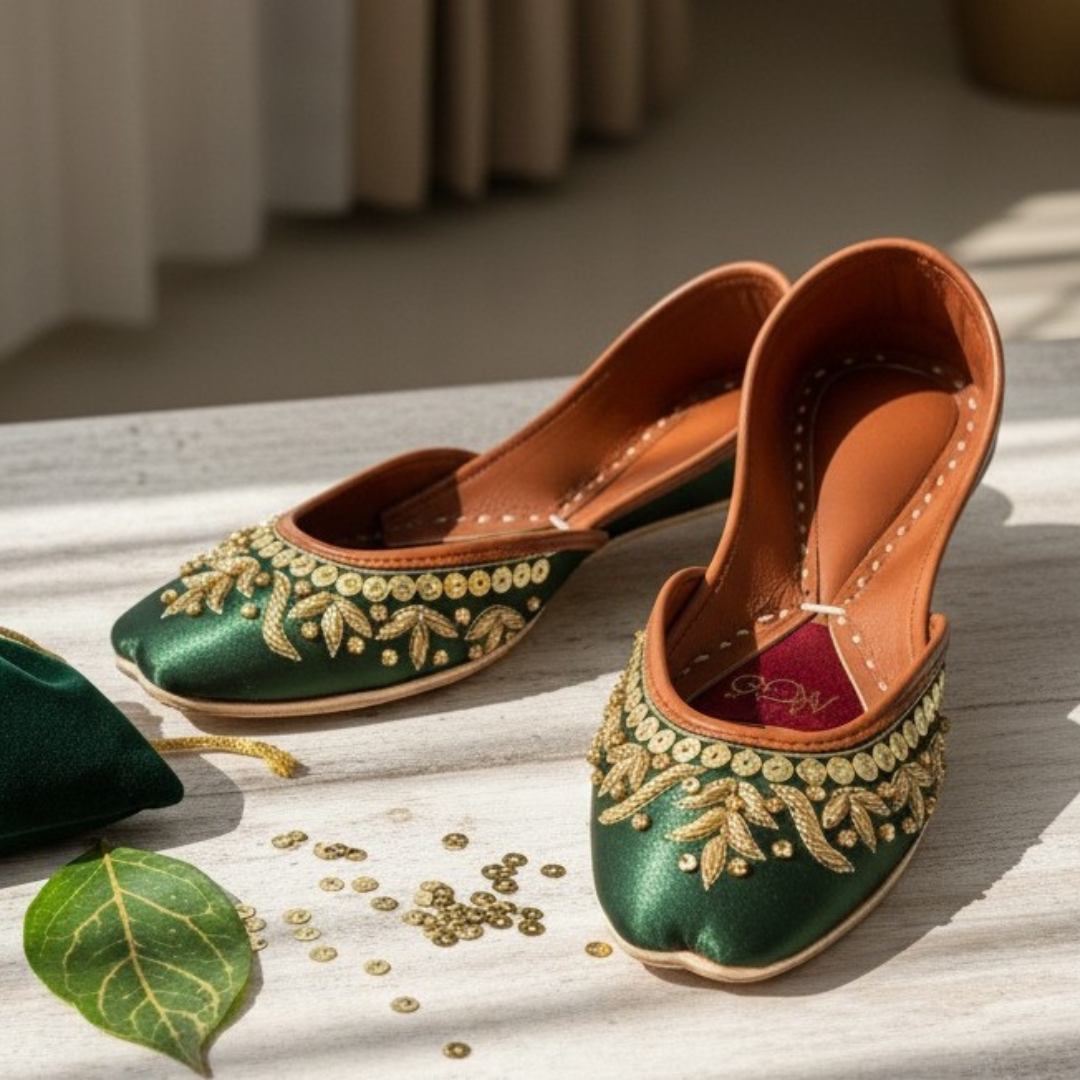 Close-up of emerald green jutti with sequin and bead embellishment
