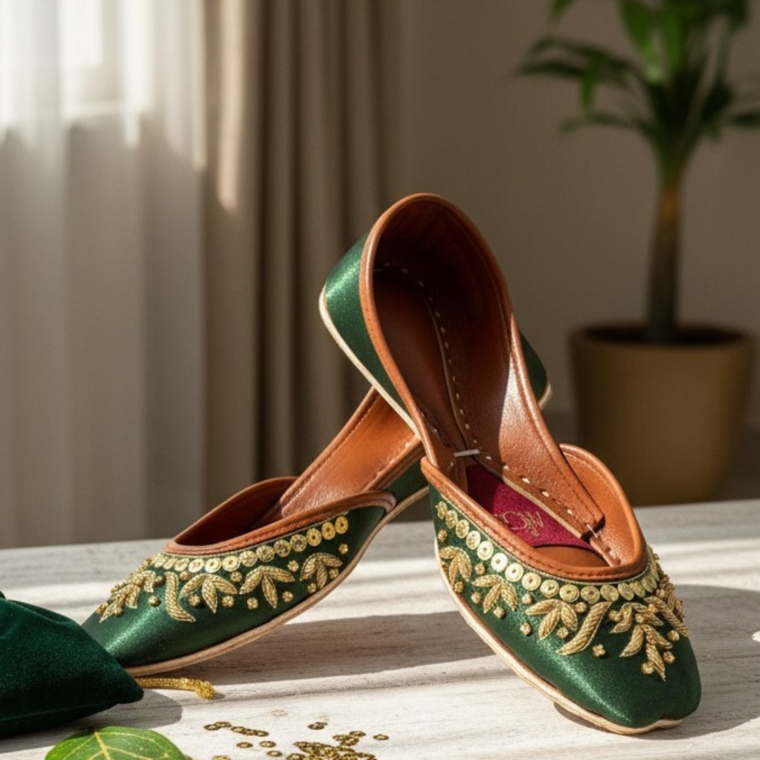 Green embroidered khussa for women with golden thread detailing