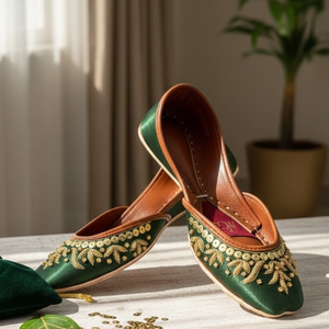 Green embroidered khussa for women with golden thread detailing