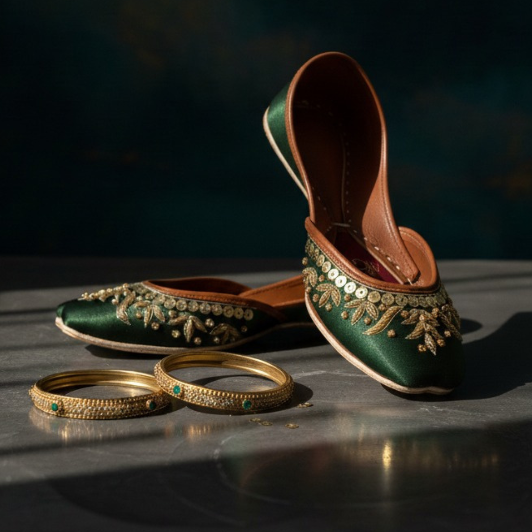 Comfortable green Punjabi khussa with leather sole