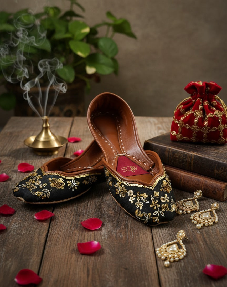 Black embroidered khussa flats with gold vine detailing