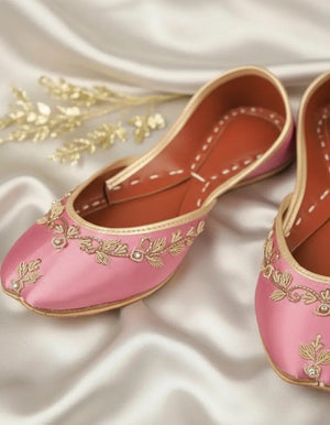 Baby pink Punjabi jutti for women with gold embroidery